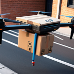 Drone delivering a package in a city, showcasing last-mile delivery efficiency, AI-powered navigation, and obstacle avoidance.